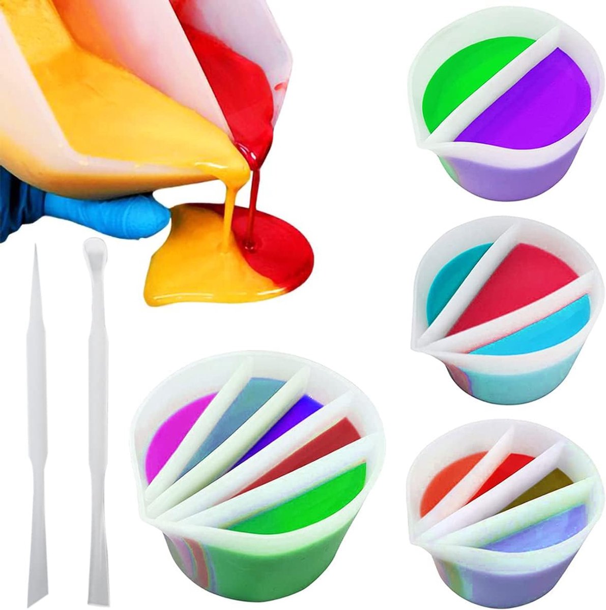 Verf gietbekers 4-delig - siliconen met scheidingskanalen - voor kleurrijke creaties - DIY verfaccessoires - ShopVlot
