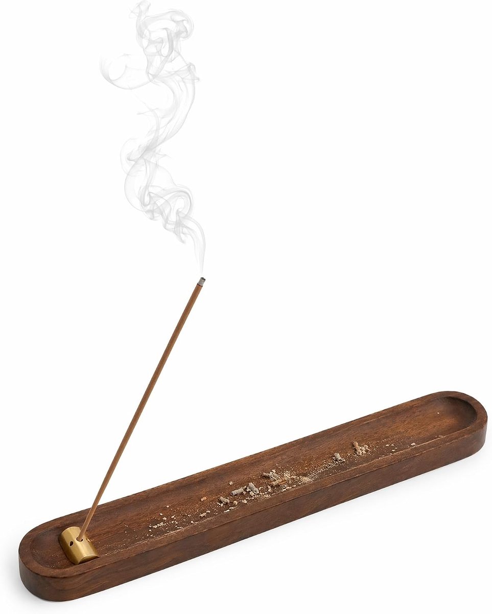 Wierookhouder van walnoothout met asopvanger, geraffineerde wierookbrander van koperlegering, 3 gaten voor fijne en - ShopVlot