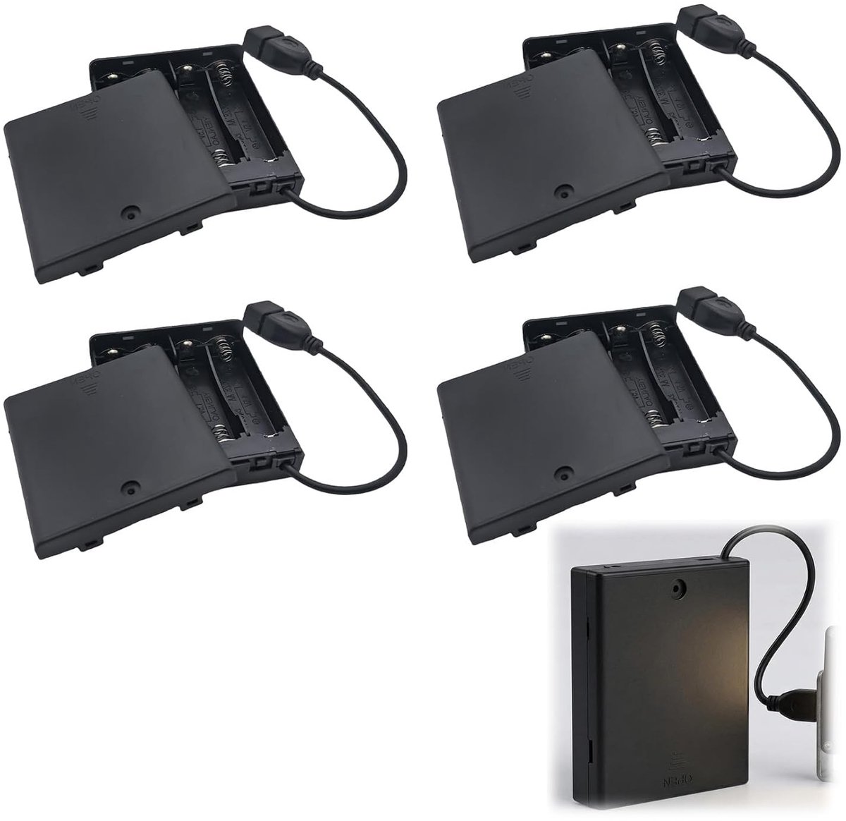 AA batterijhouder 4 stuks - met USB poort en schakelaar - robuuste opbergdoos - ideaal voor speelgoed en DIY projecten - ShopVlot