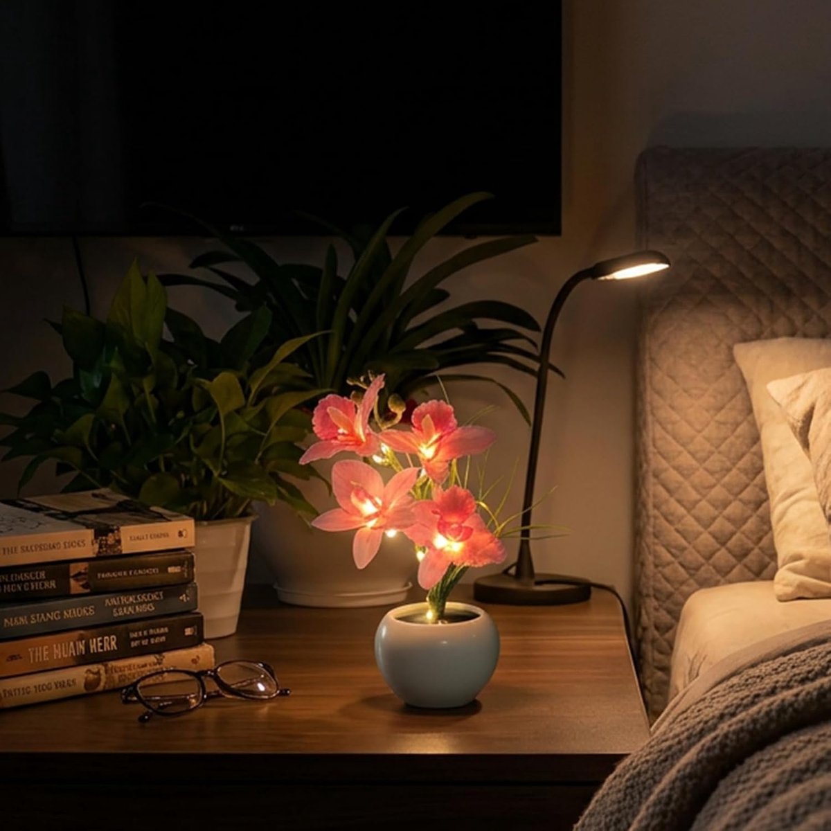 Nachtlampje met orchideeën, nachtlampje, nachtlampje met kunstbloemen, USB-oplaadbaar, aanraking, traploos dimbaar - ShopVlot
