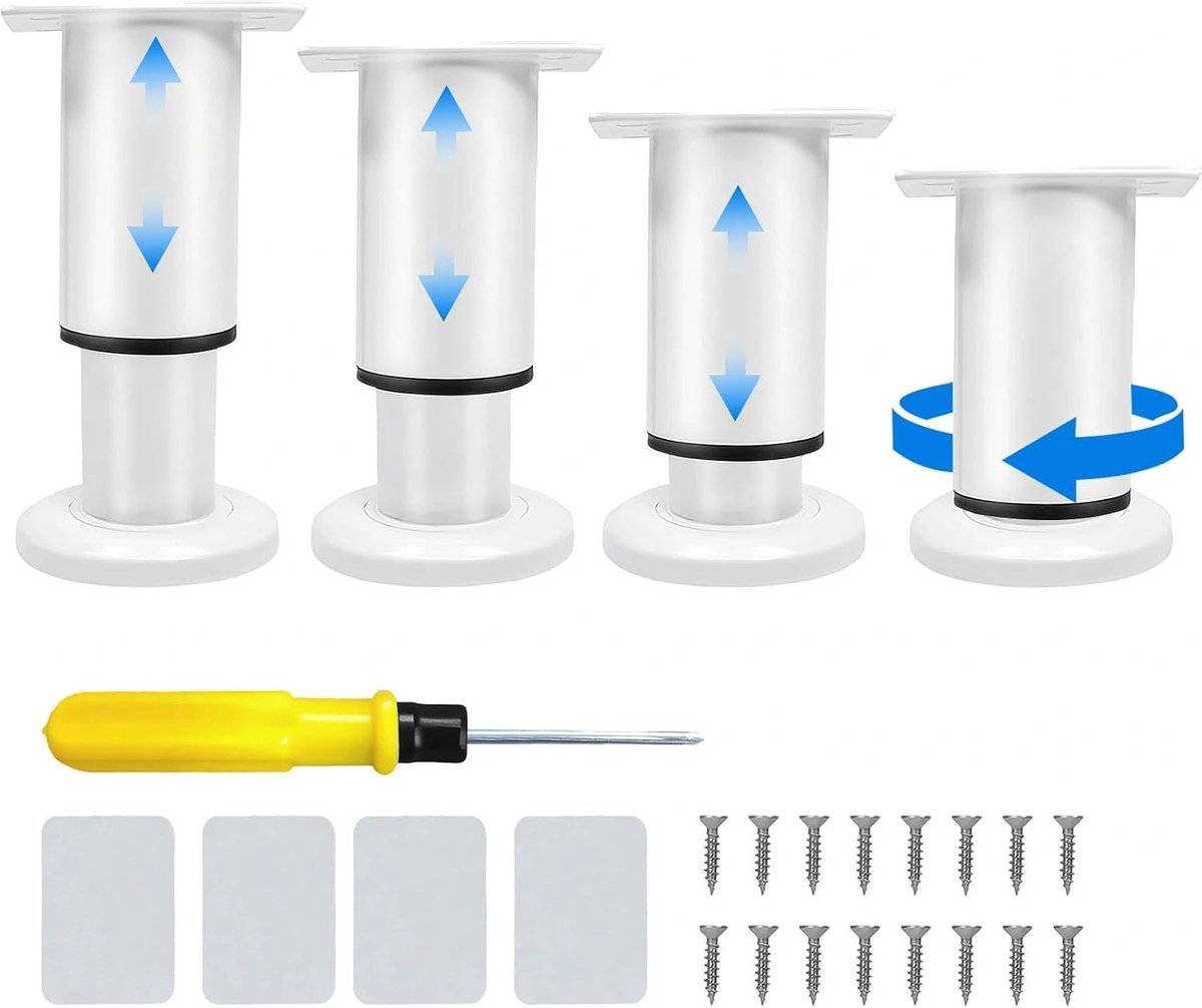 4 pieces adjustable furniture legs, height adjustable 8-12 cm, metal furniture legs, white, incl. 16 screws and 4 - ShopVlot