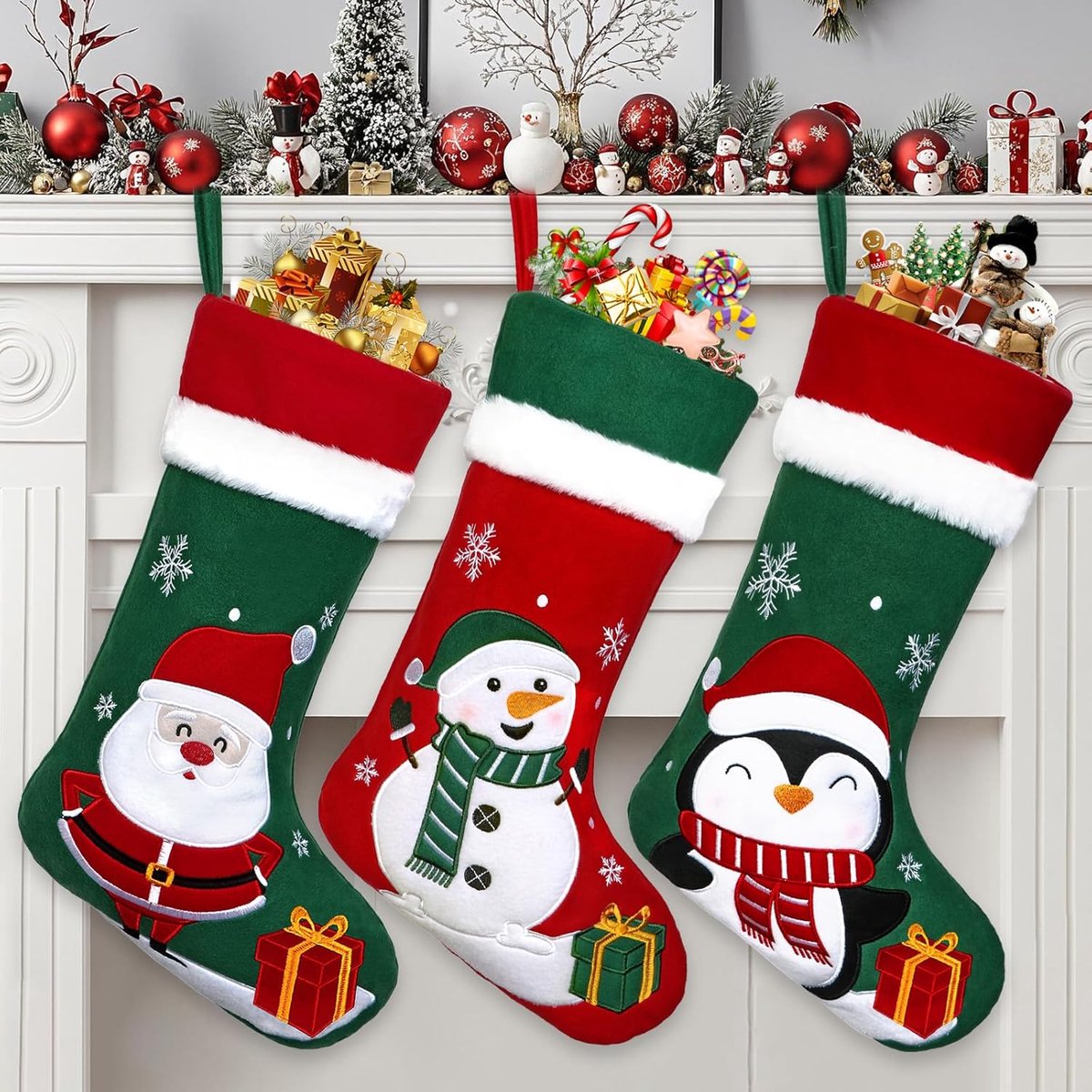 Christmas Stockings Set of 3 Christmas Hangers Santa Claus Stockings Cartoonesque Santa Claus Snowman Penguin Large - ShopVlot