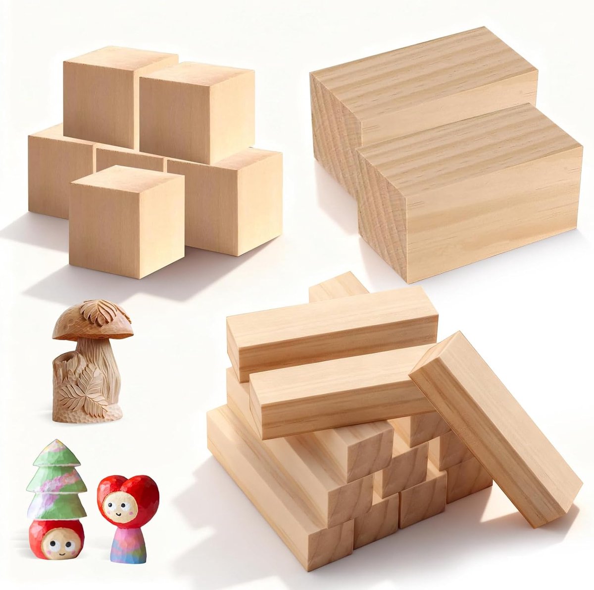 20 stuks houtsnijhoutset, natuurlijk lindehout, om te snijden, 3 maten, onbehandeld hout, voor houtsnijwerk, snijhout - ShopVlot