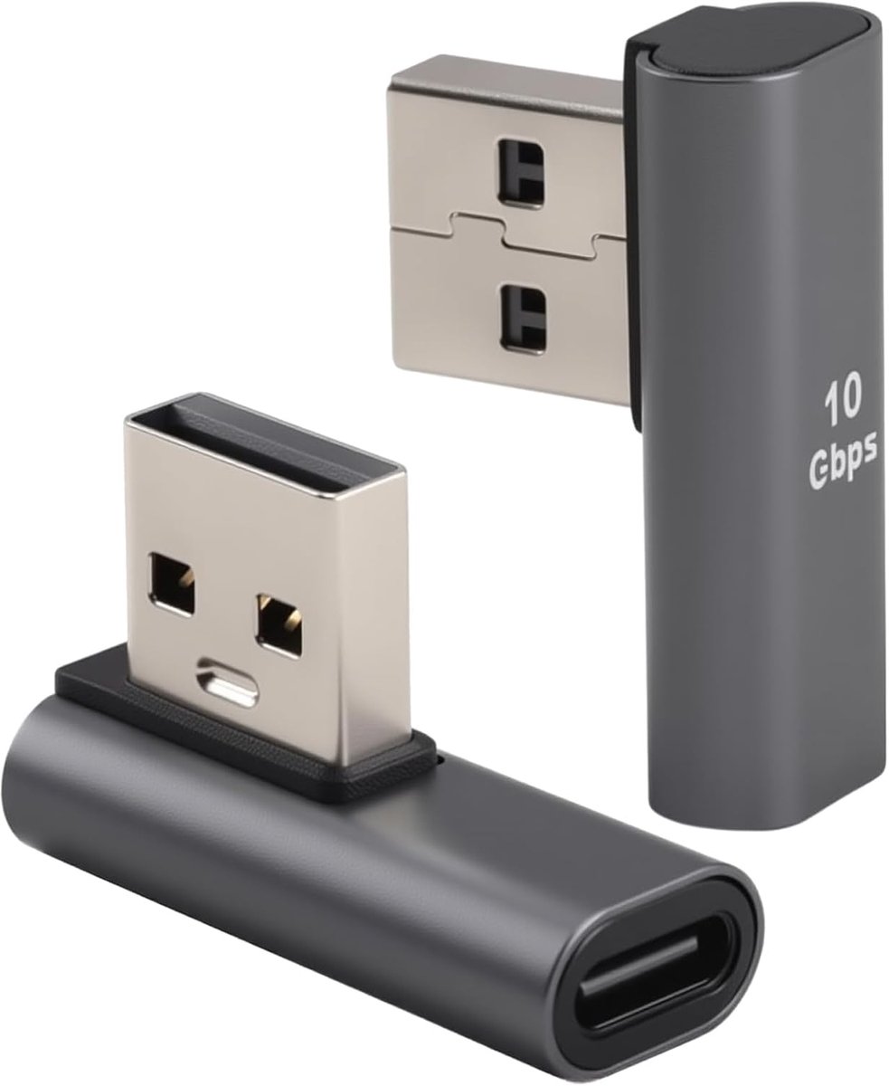 USB 90° hoekadapter - pack van 2 - aluminium - 10 Gbit/s dataoverdracht - voorkomt kabelknikken - ShopVlot