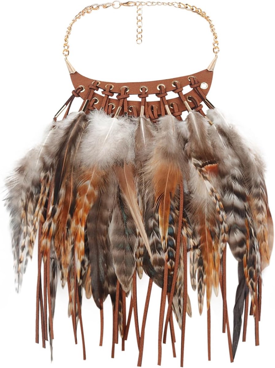 Boheemse veer kwastje halsketting - Indianen veerkraag - Perfect voor carnaval en Halloween - Unieke feestaccessoire - ShopVlot