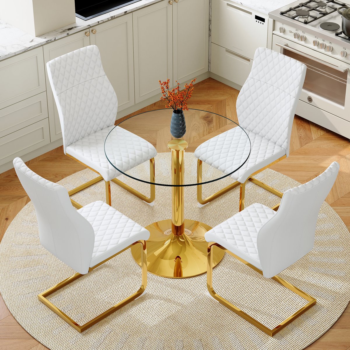 COVREO Set tafel en stoelen 85x85x76 cm wit goud, metaal 4 stoelen
