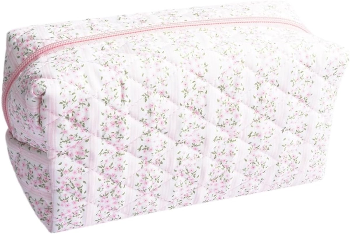 Make-uptas grote capaciteit - roze bloemenprint - met ritssluiting - perfect voor make-up en huidverzorging - ShopVlot