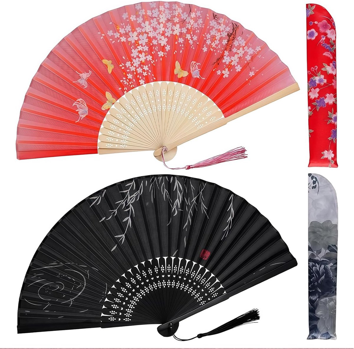 Handfan 2 Stuks Rood & Zwart - Bamboe Vouwfan met Kwast en Stofhoes - Elegante Accessoire voor Bruiloft - ShopVlot