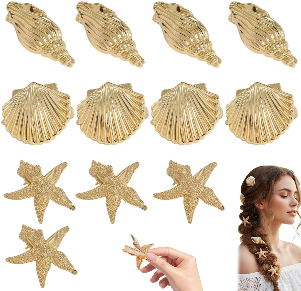 Gouden Haarspelden Dames - Haarsieraden Oceaan - Feestelijke Styling - Zeester Schelp Design - 12 Stuks - Goud