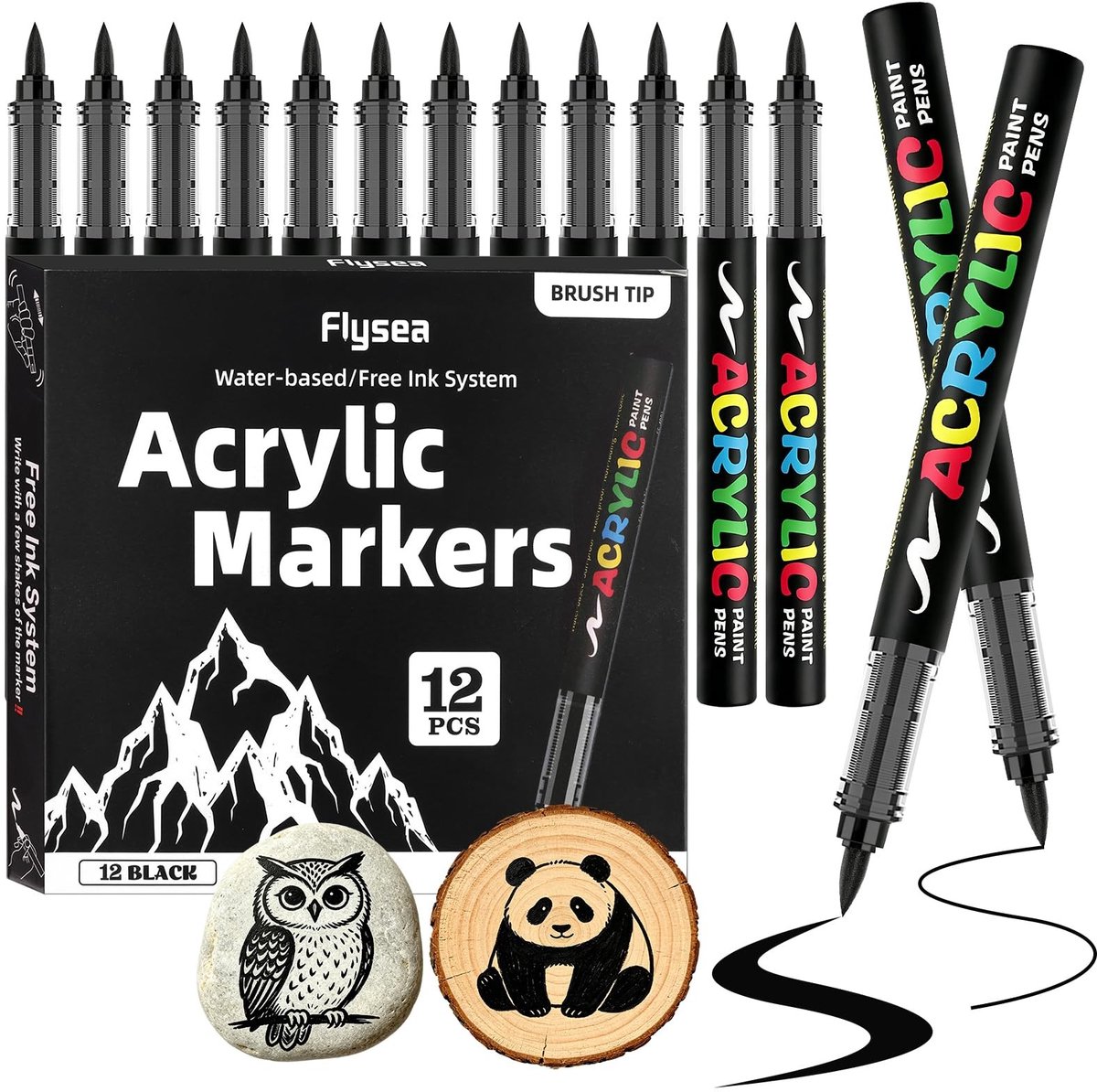 Solidchoice - Set van 12 Zwarte Acrylmarkers met Penseelpunt voor Creatief Schilderen