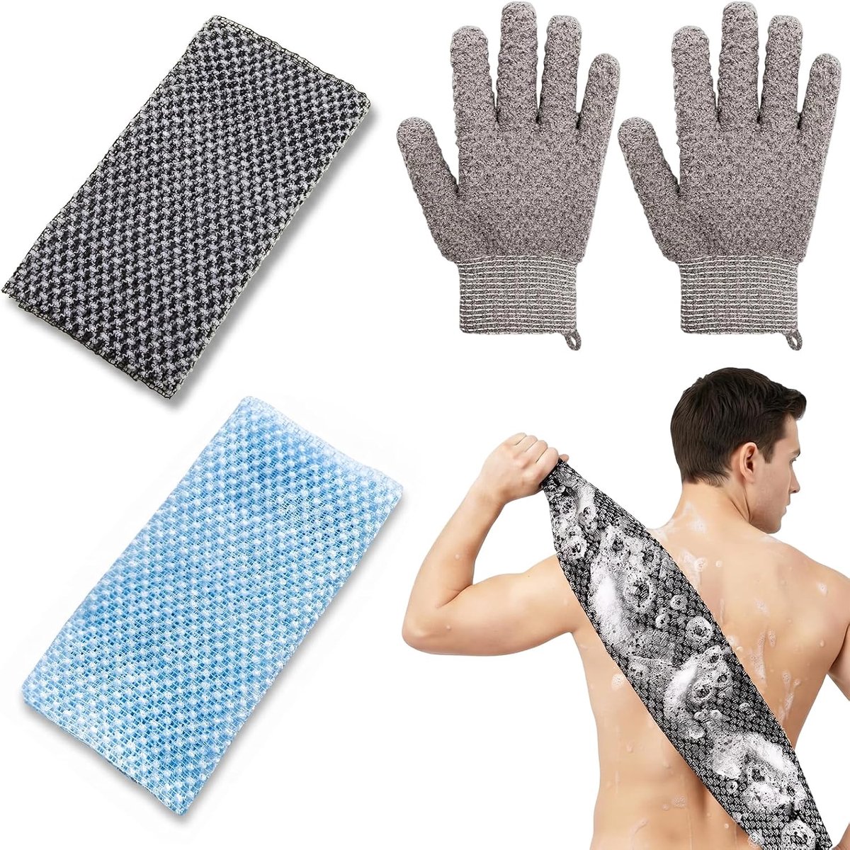 Douchehanddoeken Set 4 stuks - Zwart en blauw - Inclusief lichaamscrubhandschoen - Diepe reiniging en exfoliatie - ShopVlot