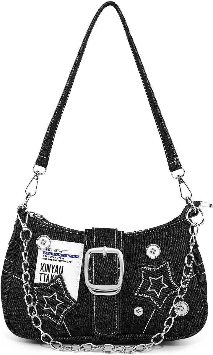 Schoudertas klein - denim - met handketting en afneembare schouderriem - trendy Y2K hobo tas - ShopVlot