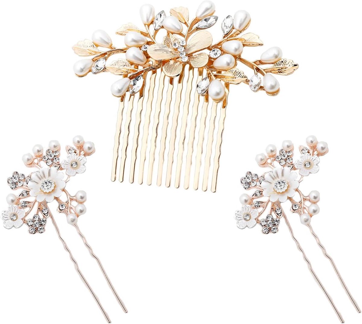 Haarspeld set bruid - 3 stuks - parel en goud - elegante haaraccessoires voor de bruiloft - ShopVlot