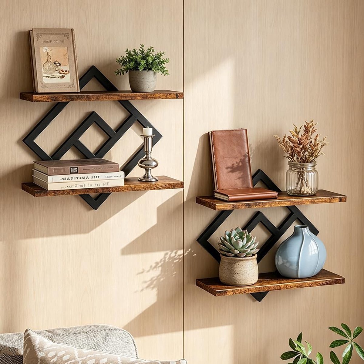 Wandplanken set van 2 - zwevende planken - zwart met houten plank - perfect voor wandopslag - ShopVlot