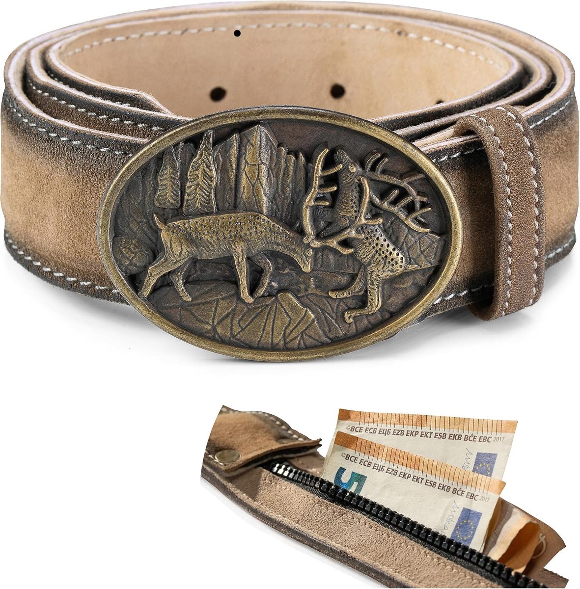 Schöneberger Trachten Couture Men's Traditional Belt with Secret Compartment Genuine Leather Belt with Deer Buckle - ShopVlot