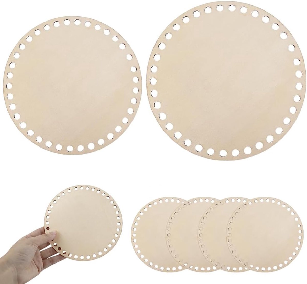 Ronte - Mandbodem set met 6 haken voor DIY vlechtwerk - Houten haken accessoires - Natuurlijke houten bodem voor manden - 15/20 cm breed