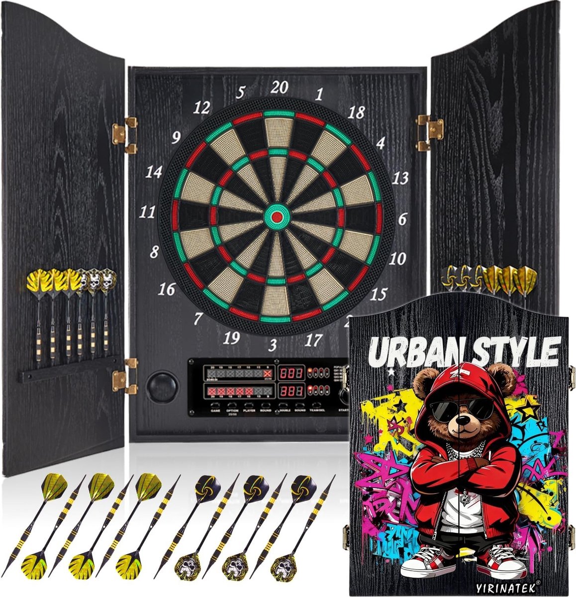 Elektronisch Dartbord met Houten Kast - Walnoot - Voor 1-8 Spelers - Met LED-Puntenweergave en Spraakmelding - Voor Gezinnen en Feesten