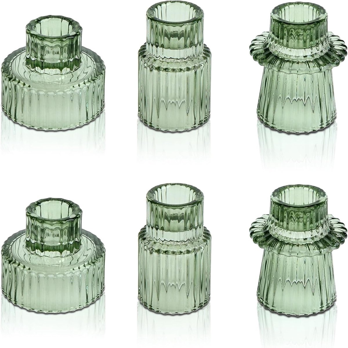 Set van 6 glazen kandelaars - Groen - 2-in-1 Theelicht en Kaarsenstandaard - Voor Tafeldecoratie en Feestjes