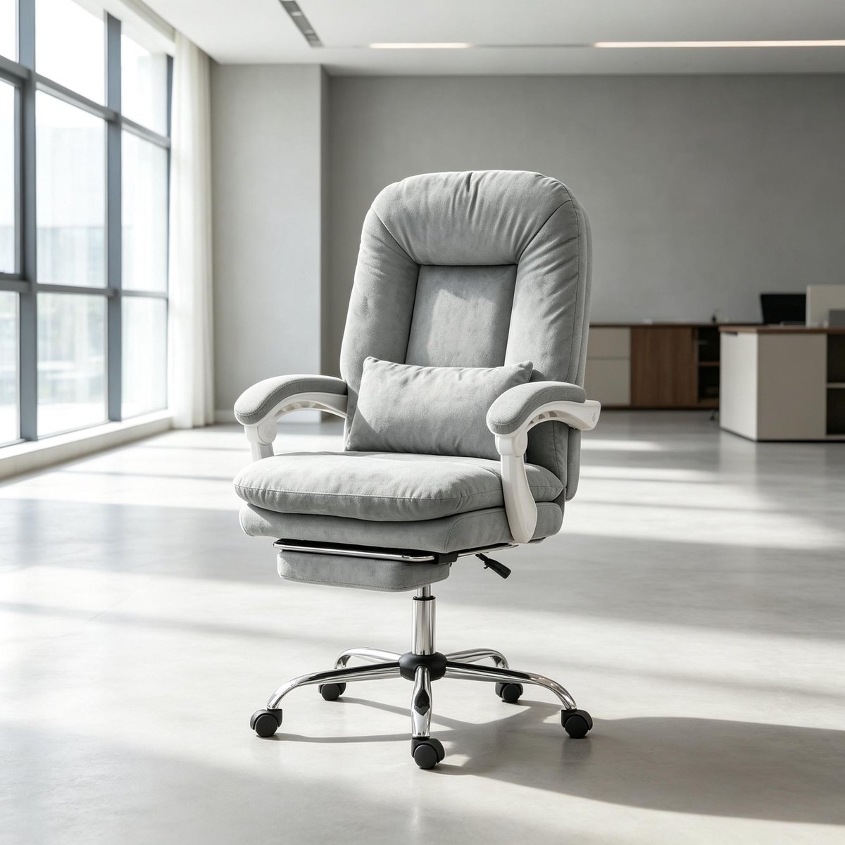 OKWISH Bureaustoel – Hoogteverstelbaar En Kantelbaar Tot 155° Met Voetsteun – Ergonomisch Voor Thuiswerk En Kantoor – Velvet – Grijs