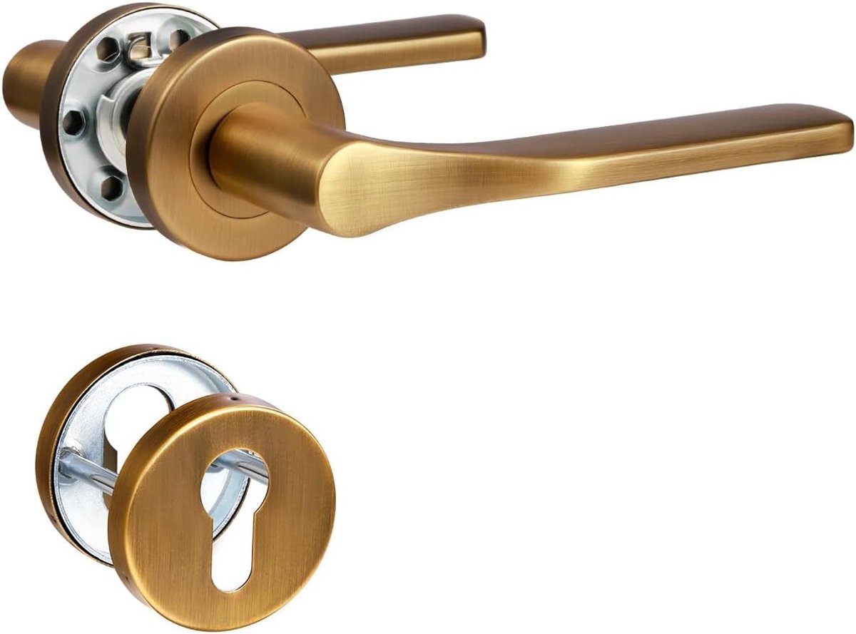 Deurklinkgarnituur - Antiek Messing - Voor Voordeur en Binnendeur - Roestvrij Staal met Ronde Rozet - Voor duurzame installatie