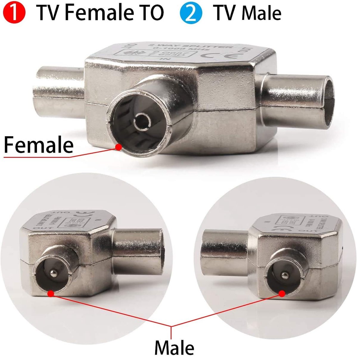 Antenne splitter 2-way - coaxkabel met 2x vrouwelijke en 2x mannelijke TV-pluggen - eenvoudig aansluiten op 2 TV's - ShopVlot