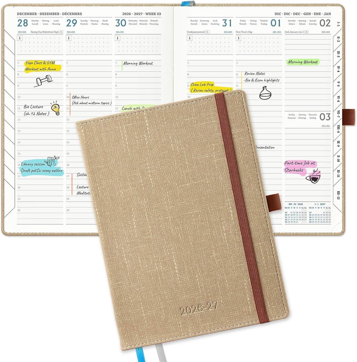 Agenda 2026-2027 - Verticale - 21,9 x 16,2 cm - Luxe PU-Leren Kaft - Voor School en Kantoor