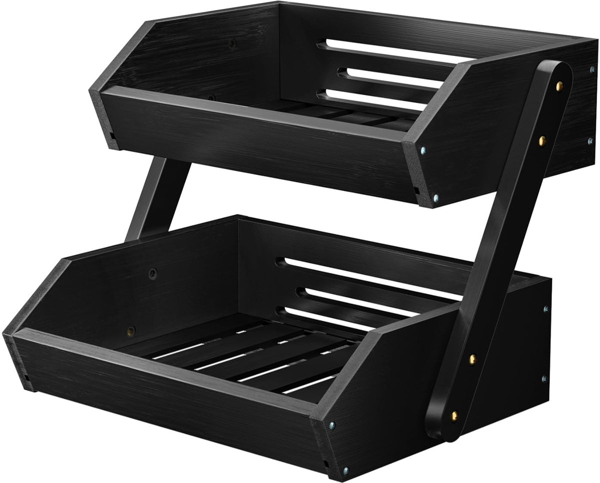 Famanu – Bamboe fruitmand met 2 etages, demonteerbaar, opberghouder voor groenten, snacks en brood, zwart