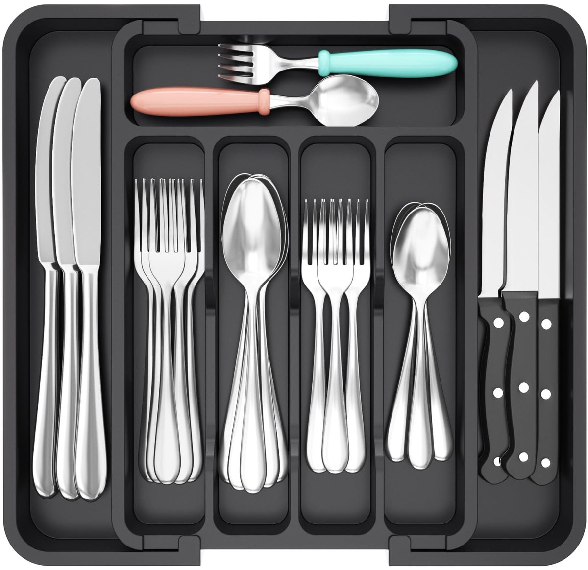 Famanu – Verstelbare besteklade organizer voor keuken, kunststof bestekbak, 30,9 cm diep, 22,6–37,3 cm breed, zwart, ideaal voor het organiseren van bestek