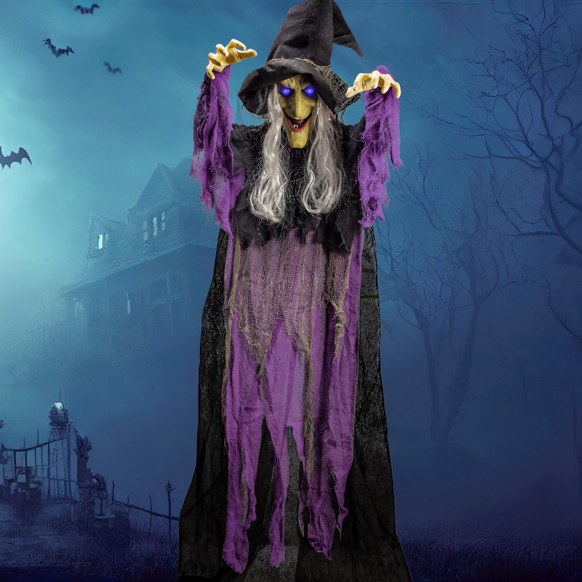 Famanu – Hangende geanimeerde pratende heks decoratie van 182,9 cm met oplichtende ogen en geluidsactiveringsfunctie voor Halloween