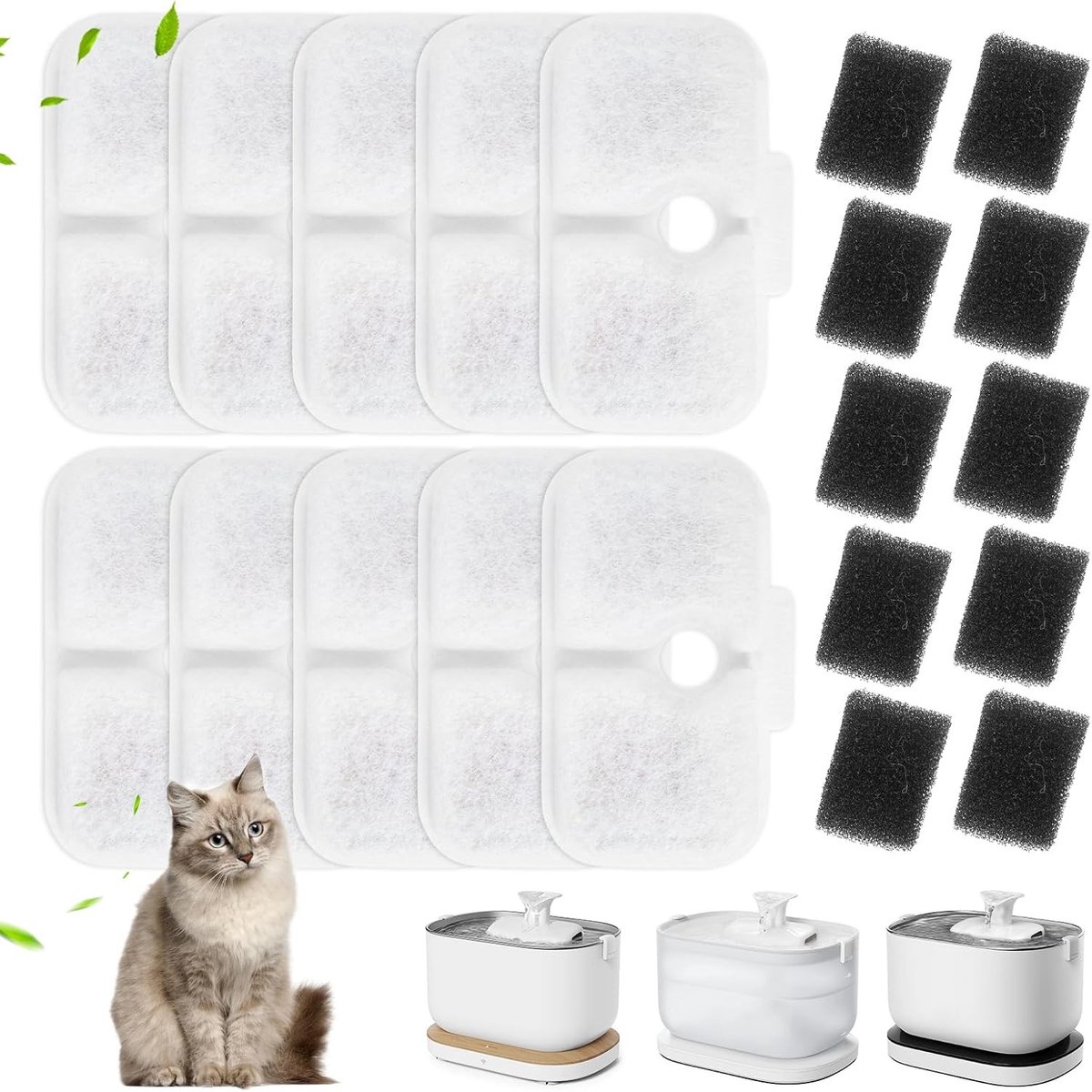 Waterfontein voor kat - Wit - 9,5 x 5,8 x 1 cm - Filterpatronen en Sponzen Set - Voor Katten