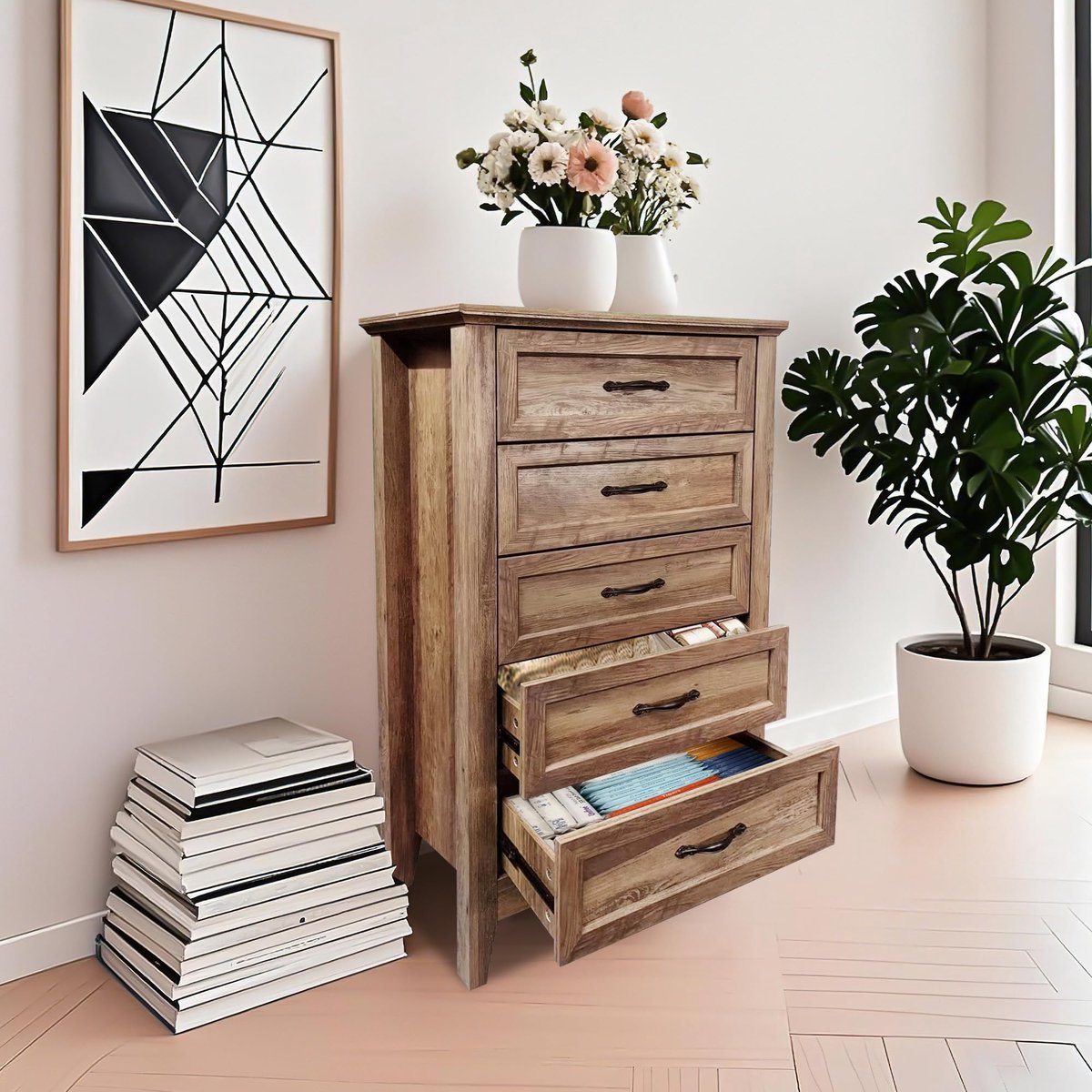 Danky - Ladekast met 5 Lades - Vintage Hout - Smal & Hoog - Bruin