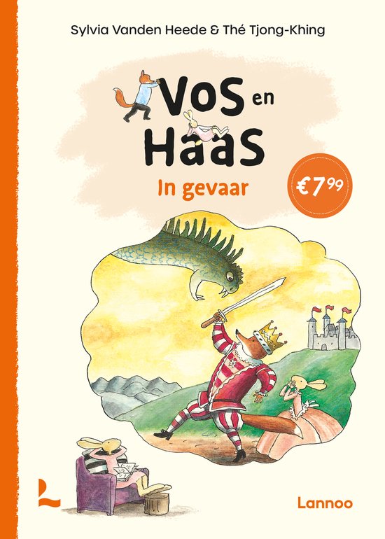 Boek 'Vos en Haas - In gevaar'. Een vos met kroon en zwaard vecht tegen een draak, met een haas ernaast. Prijs: €7.99.
