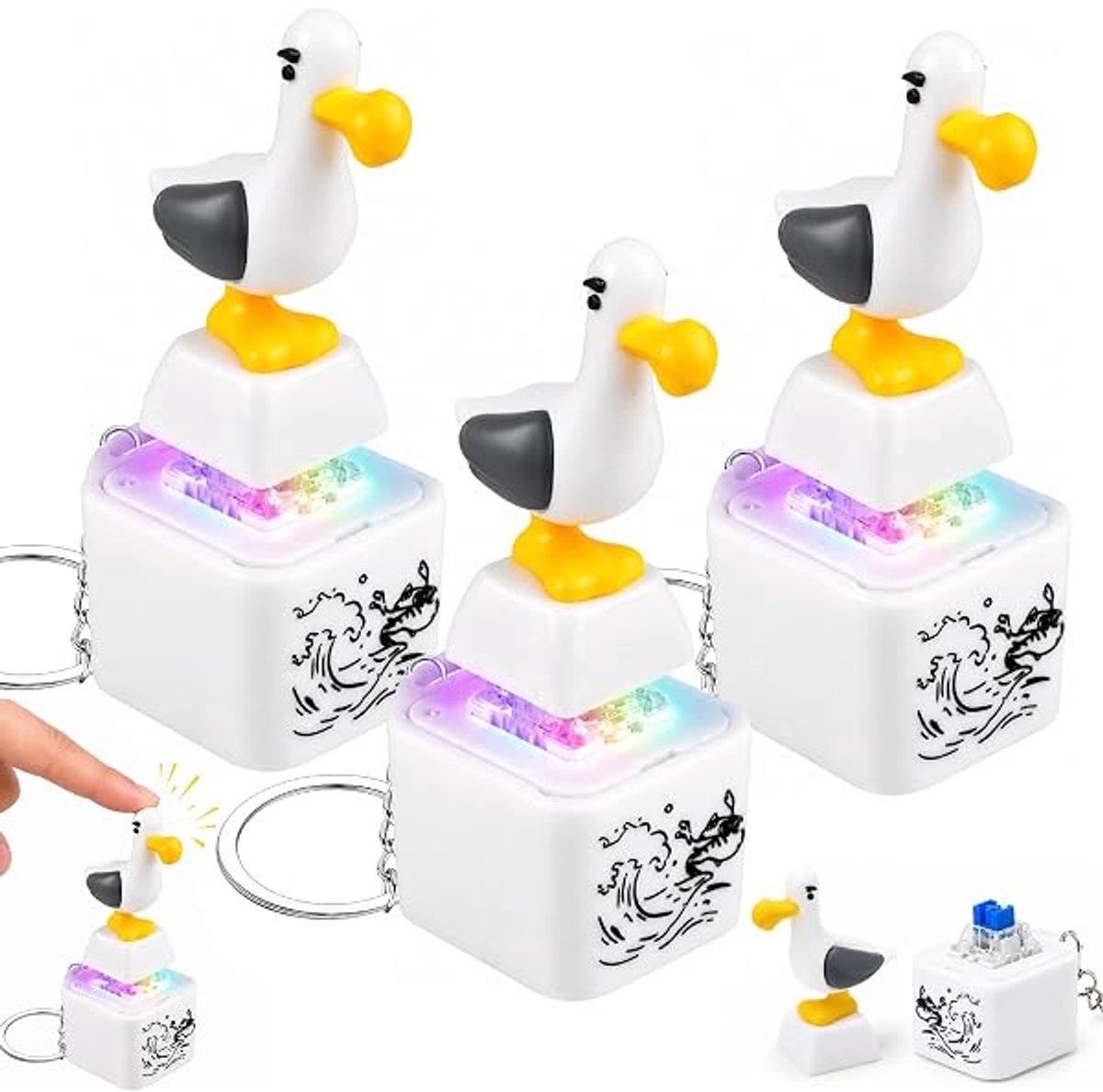 longziming - Set van 3 Meeuw Sleutelhangers - Fidget Speelgoed met Geluid en LED-verlichting - Klikbare Toetsenbord Fidget Sleutelhanger - Grappig Anti-Stress Speelgoed voor Volwassenen en Kinderen