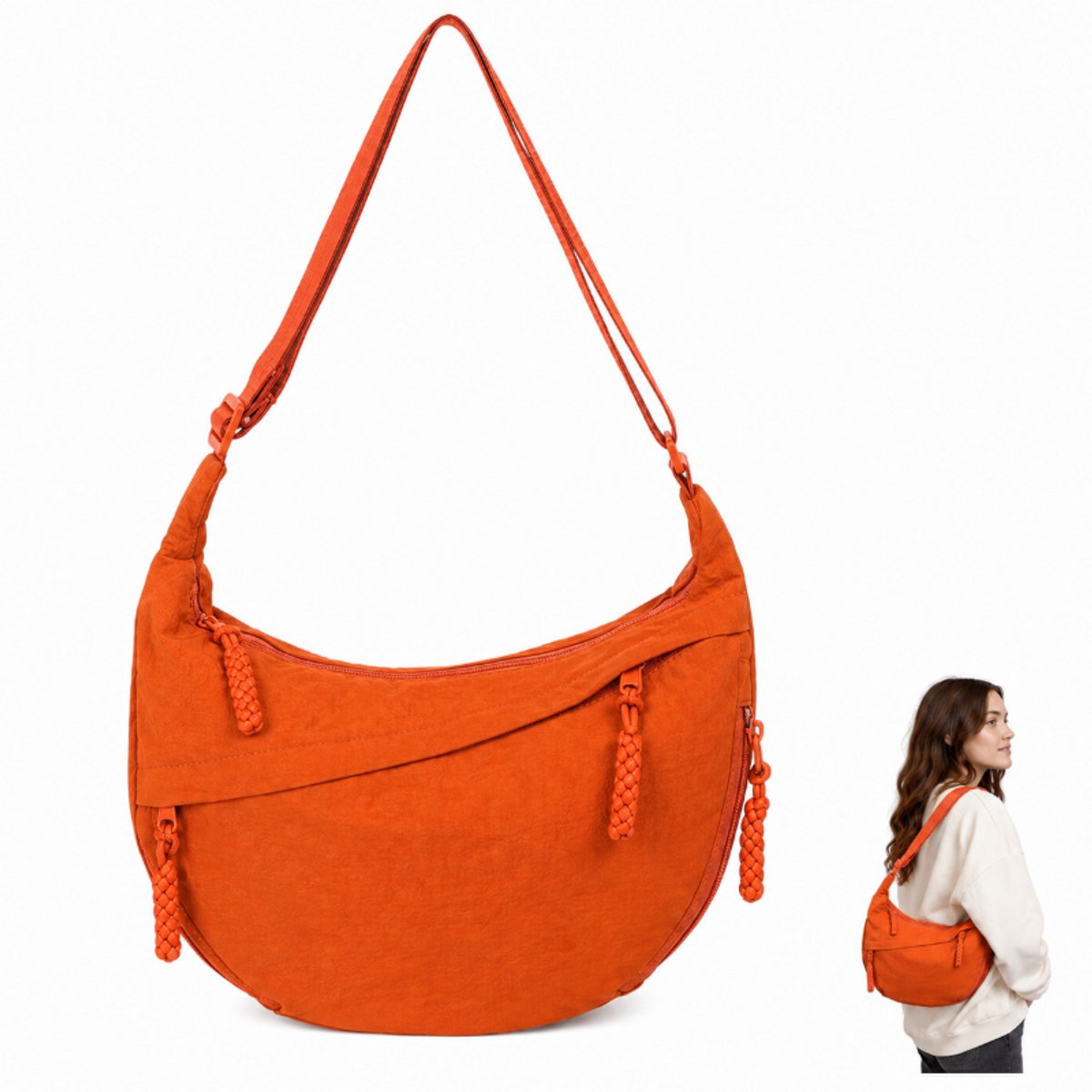 Tas-Modieuze Crescent Crossbody Tas -Dames heuptasje-Nylon Schoudertas Dames - Lichtgewicht Hobo Bag voor Dames - Dumpling Tas voor Reizen en Outdoor - Multifunctionele Handtas met Gesp - oranje
