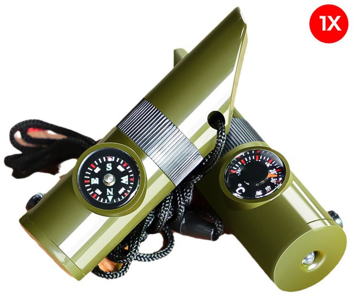 7-in-1 noodfluitset - Outdoor-survivalfluit – Multifunctioneel Noodfluitje – Veiligheidsfluit met hoge toon – Ingebouwd kompas – Thermometer – Ledlampje – Vergrootglas – Groen