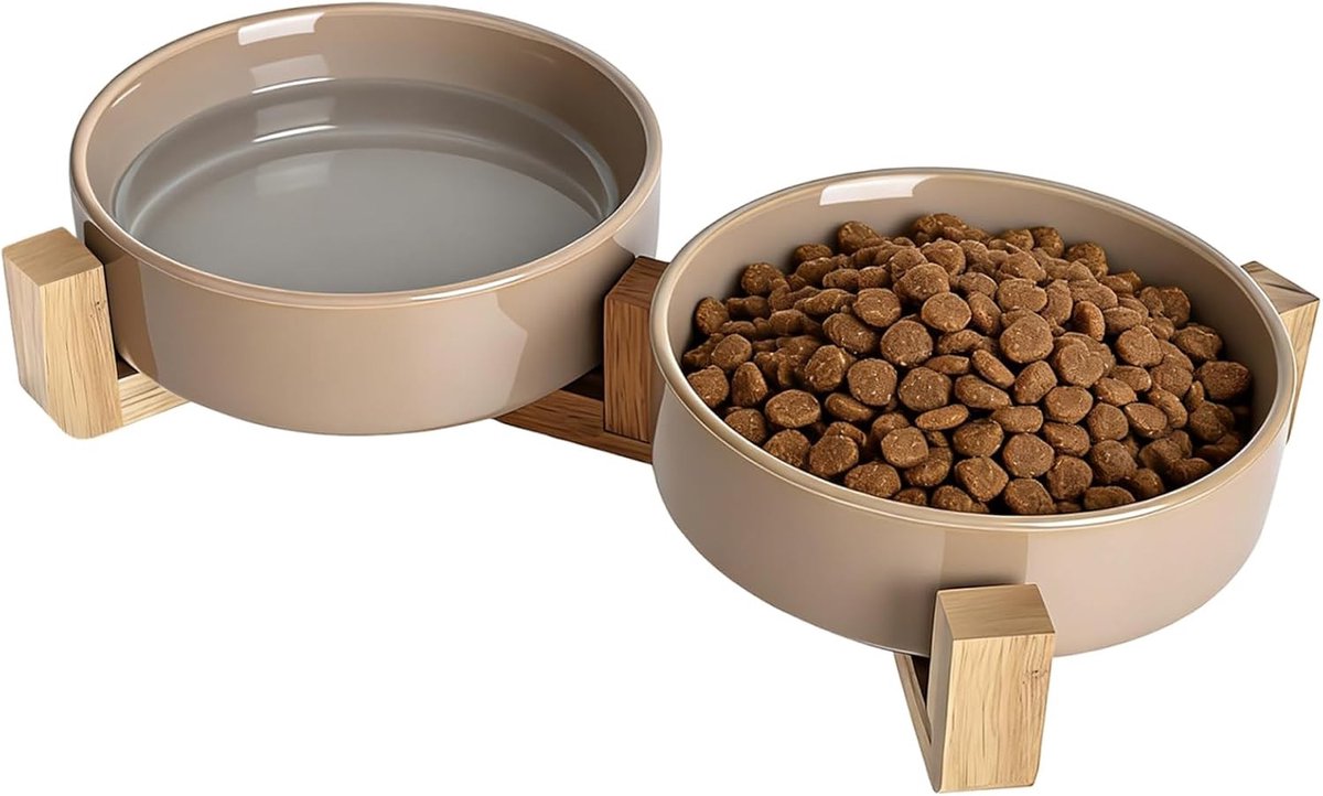 Verhoogde voerbak voor grote hond - Wit - 13 x 4,5 cm - Keramische dubbele voerbak met houten standaard - Voor kleine en middelgrote honden