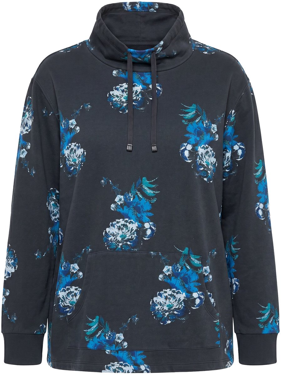Ulla Popken - Dames - Trui bloemen A-lijn opstaande kraag lange mouwen - Marine - Maat 46+