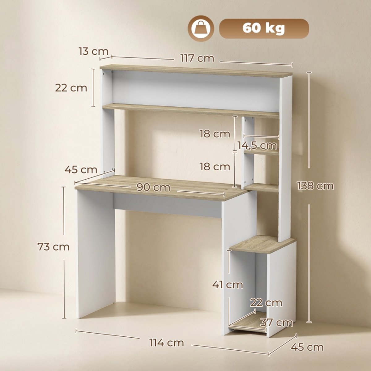 null Computerbureau 114x45x138 cm Wit - afbeelding 2