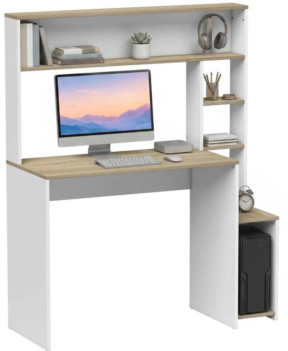 Computerbureau, 114 x 45 x 138 cm, bureau met opbergruimte, open planken en pc-houder, wit en naturel hout thumbnail 6