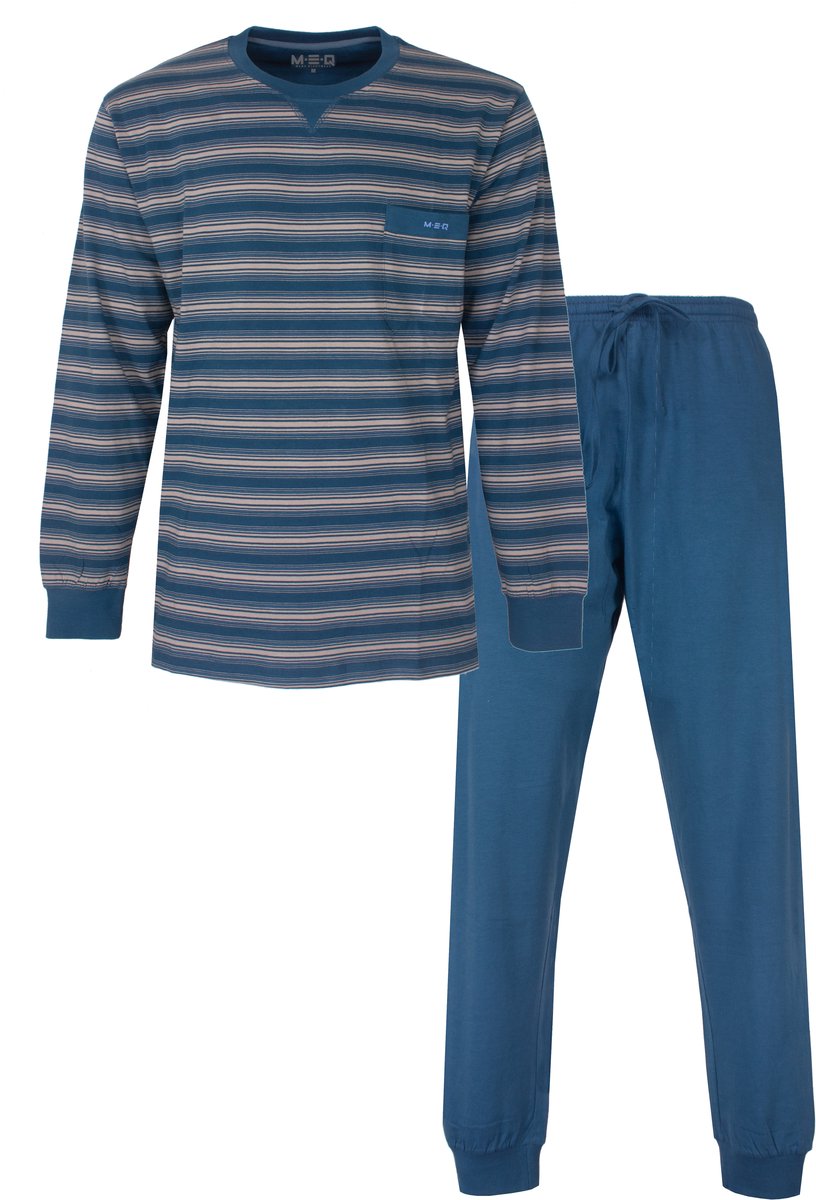 MEQ Heren Pyjama - Gestreept - Ronde Hals - Petrol Blauw - Maat XXL