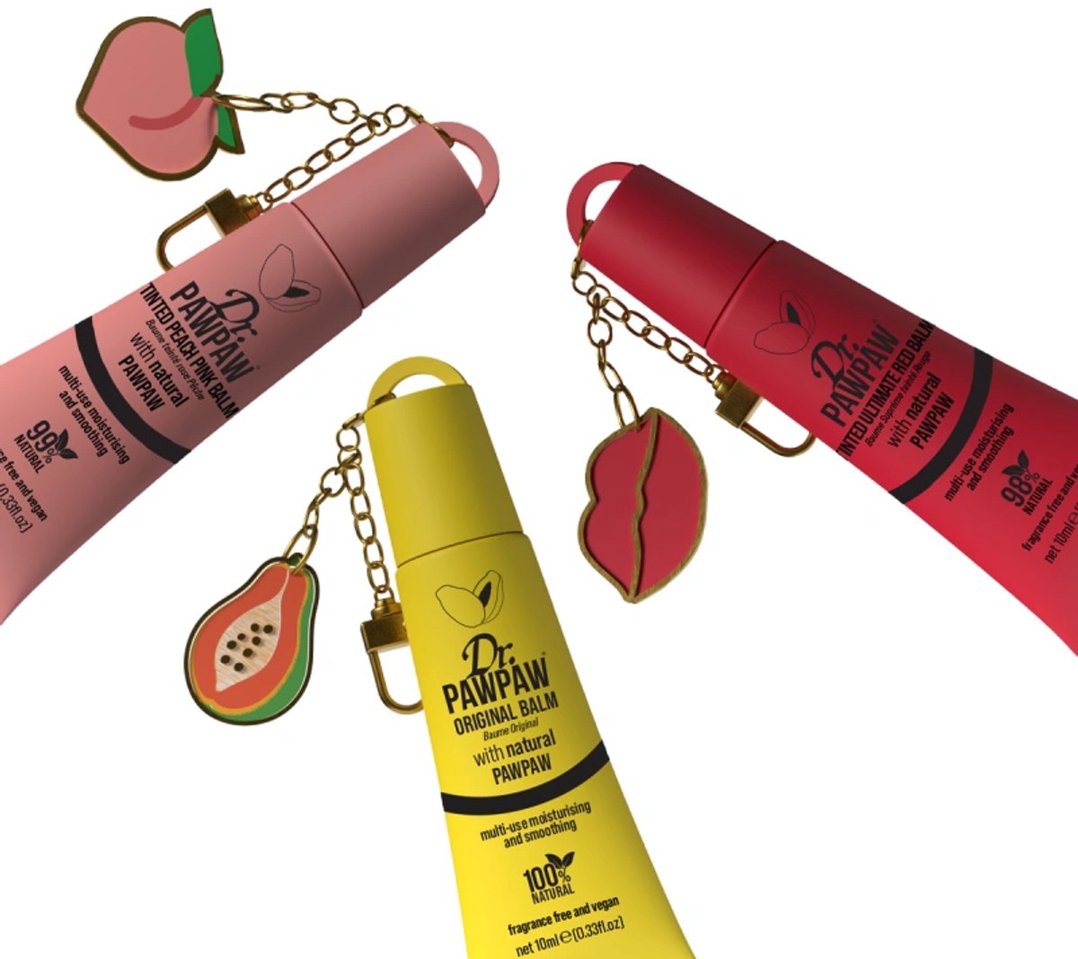 Dr PawPaw Charm Balm Original, Peach Pink en Ultimate Red Trio / Set van 3 verzorgingsbalsems met verzamelhangers 3 x 10 ml