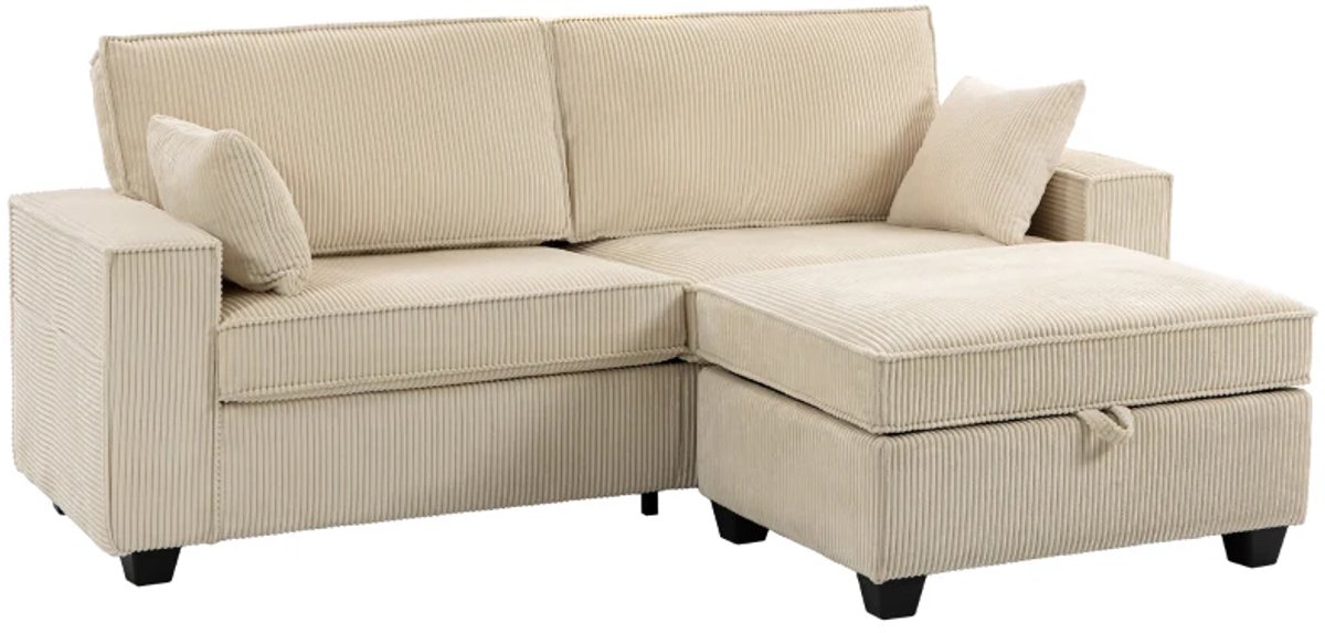 Hoekbank 216 cm - 3-zits L-vormige Bank - Omkeerbare Opbergkruk - Koordlook - Brede Zitting - Voor Woonkamer