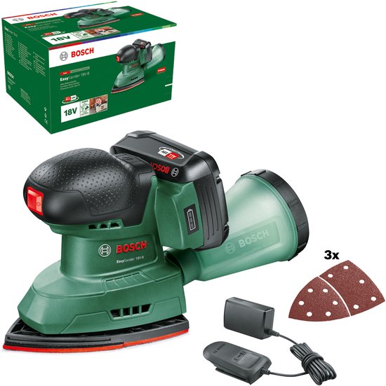 Bosch EasySander 18V-8 schuurmachine in groen met zwarte details, inclusief accessoires en doos.