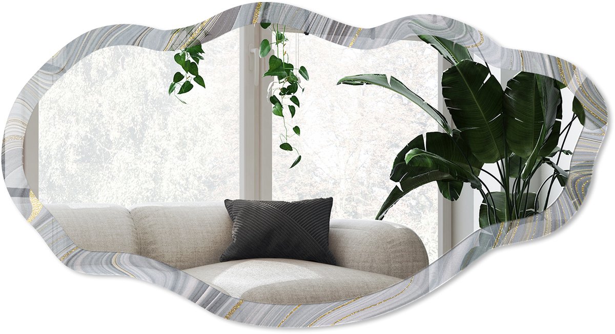 Wallfluent Marmeren Lijnen Spiegel - Blauw Rechthoekige Spiegel Voor Interieur - Organische Spiegel - Woonkamer, Kantoor, Slaapkamer - Abstract - 45x90 cm - Totale afmeting 52x97 cm