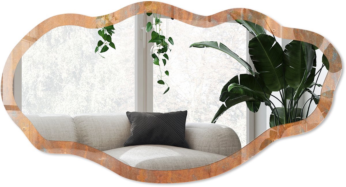 Wallfluent Roestige Textuur Spiegel - Bruin Stijlvolle Wandspiegel - Organische Spiegel - Kantoor, Woonkamer, Hal - Industrieel / Loft - 45x90 cm - Totale afmeting 52x97 cm