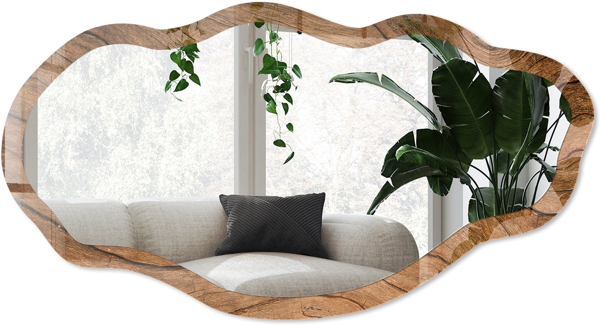 Wallfluent Houtstructuur Spiegel - Bruin Elegante Rechthoekige Wandspiegel - Organische Spiegel - Woonkamer, Kantoor, Slaapkamer - Rustiek - 45x90 cm - Totale afmeting 52x97 cm