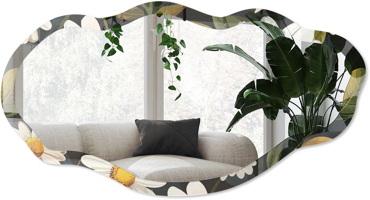 Wallfluent Madeliefjes Natuur Spiegel - Wit Elegante Rechthoekige Wandspiegel - Organische Spiegel - Slaapkamer, Woonkamer, Hal - Illustratief - 45x90 cm - Totale afmeting 52x97 cm