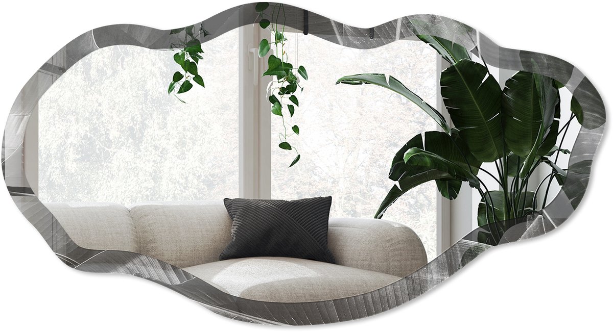 Wallfluent Tropische Elegantie Spiegel - Grijs Stijlvolle Wandspiegel - Organische Spiegel - Woonkamer - Minimalistisch - 45x90 cm - Totale afmeting 52x97 cm