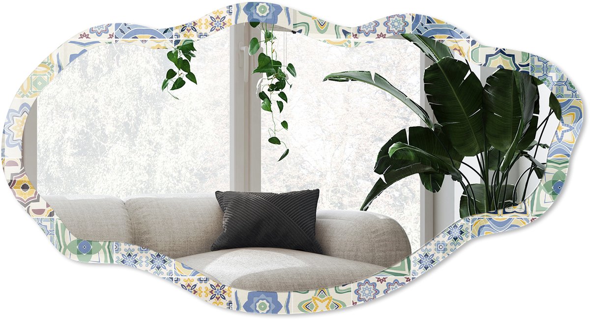 Wallfluent Vrolijke Mozaïeken Spiegel - Blauw Stijlvolle Wandspiegel - Organische Spiegel - Keuken - Geometrisch - 45x90 cm - Totale afmeting 52x97 cm