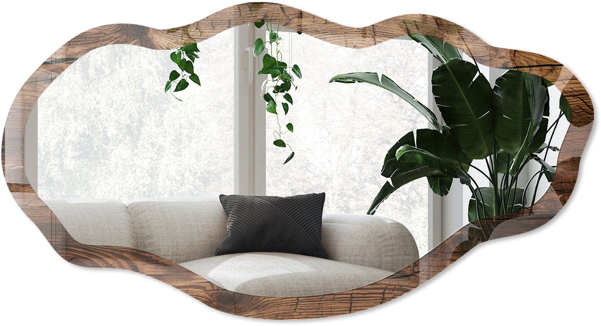 Wallfluent Houten Constructie Spiegel - Bruin Rechthoekige Spiegel Met Modern Design - Organische Spiegel - Woonkamer - Rustiek - 45x90 cm - Totale afmeting 52x97 cm
